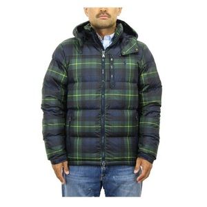 Polo Ralph Lauren Mens Blue Plaid Hooded Full Zip Puffer Jacket Size XL